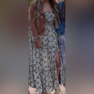 Strapless floral sage green and white dress